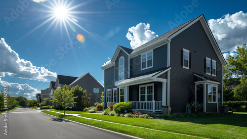 A crisp charcoal grey house with siding, standing prominently on a lush suburban street, under a bright sunny sky.