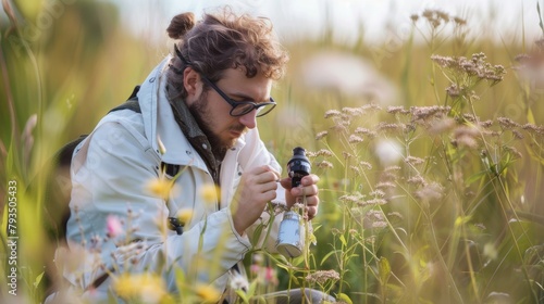 A biologist in field attire, examining plant life in a natural setting, investigative and engaged, against a clean, natural background, styled as a field research.
