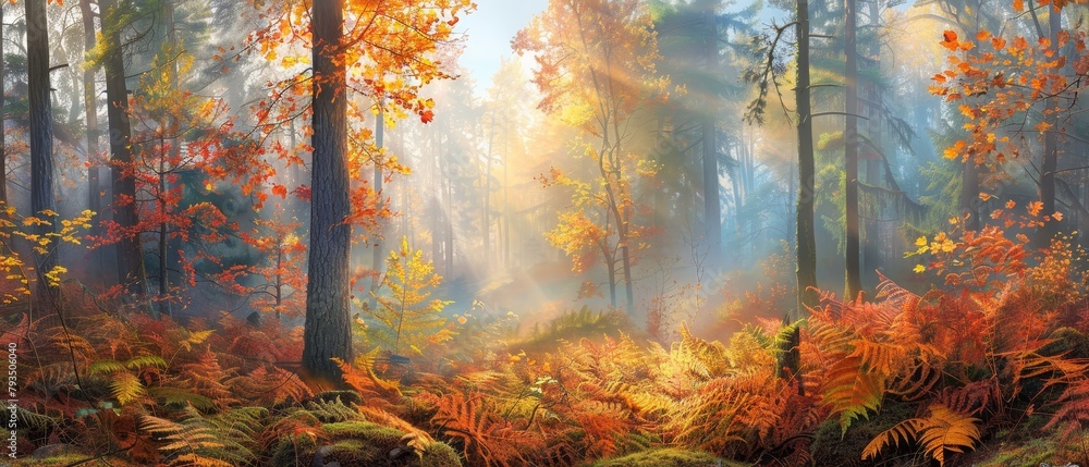Autumn forest wallpaper displays dense fall foliage, tranquil scene with vibrant greens, oranges in panoramic view