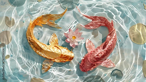 Pink and gold koi lotus illustration poster background
