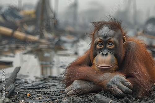  Orangutan Homeless After Deforestation,
Female sumatran orangutan chewing food and looking at the camera
 photo