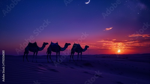 Camel Silhouettes Against Desert Sunset. Silhouettes of camels are seen against the backdrop of a stunning desert sunset  with the crescent moon hanging in the twilight sky.