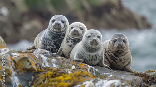 Group of Seals on Rock by the Ocean. Quartet of curious seals lounges on a seaside rock, their spotted fur contrasting with the rugged coastal landscape around them.