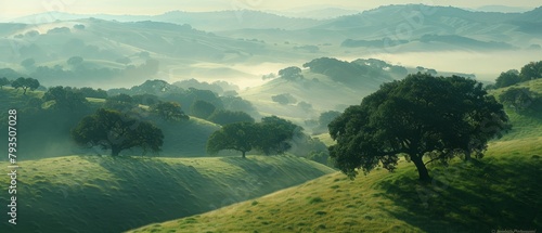 The tranquil landscape showcases rolling hills veiled in morning mist and distant tree silhouettes photo