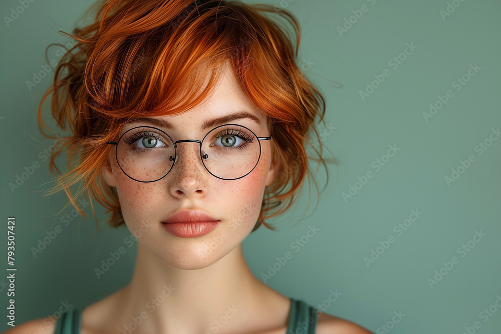 Portrait of a young beautiful woman with blue eyes and red short hair on green background, front view. Portrait of a young beautiful woman with blue eyes and red short hair on green background, front view.