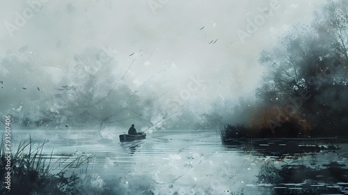 Misty Morning Boat on  River