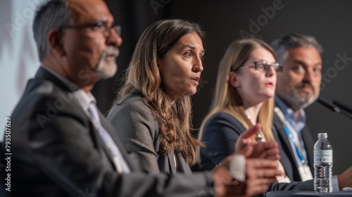 A conference panelist in business attire  discussing issues with co-panelists  looking interactive and insightful  against a simple grey backdrop  styled as a business panel discussion shot.