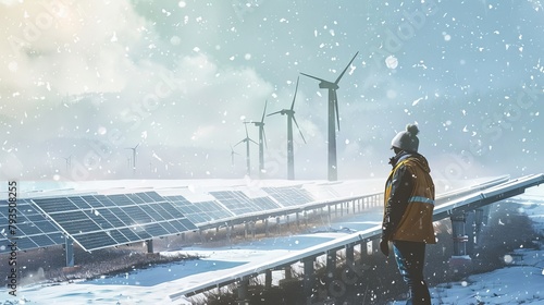 A contemplative construction worker in a serene, snow-blanketed solar field, pausing to look at the inactive solar panels, wind turbines standing like silent sentinels at the horizon. photo