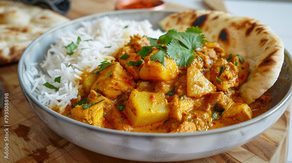 A bowl of hearty chicken and potato curry, rich and aromatic, served with fluffy basmati rice and warm naan bread