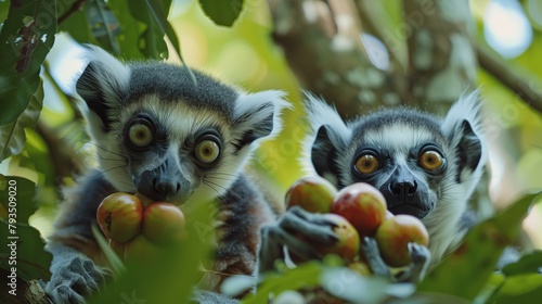 Ring-Tailed Lemurs Feasting on Fruit in Trees. Inquisitive ring-tailed lemurs clutching ripe fruit among the lush leaves of their forest home. photo
