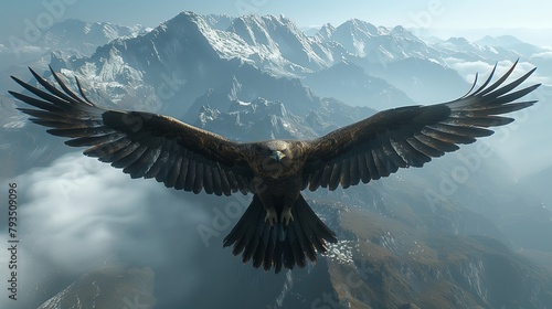 Majestic Eagle Soaring Over Snow-Capped Mountains. Eagle soars with outstretched wings high above the breathtaking snow-capped mountain range  under the clear blue sky.