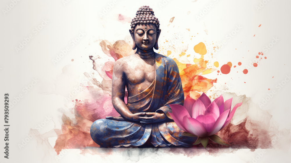 Buddha statue with lotus flower on watercolor splashes background, copy space. Buddha Purnima. Vesak day. Meditating Buddha and Pink Lotus on a white background, illustration in watercolor style