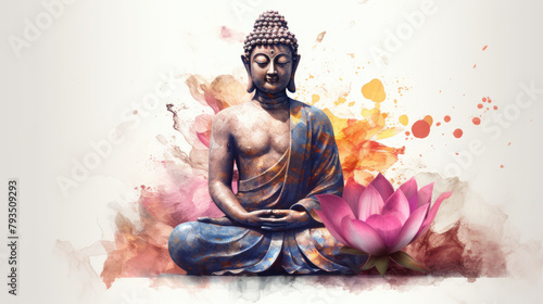 Buddha statue with lotus flower on watercolor splashes background, copy space. Buddha Purnima. Vesak day. Meditating Buddha and Pink Lotus on a white background, illustration in watercolor style #793509293
