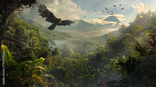 Anthropomorphic artistic image of jungle raptor in distance  photo