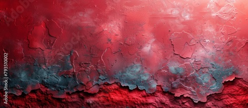 Weathered and worn  a wall displays shades of red and blue with peeling paint revealing its age and history