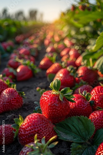 Rows of ripe red strawberries glisten in the summer sun, fresh, organic, highlighting juiciness, close-up angle captures harvest bounty