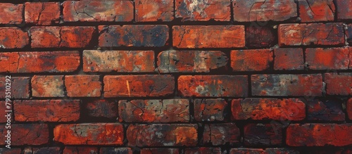 Detailed view of an aged brick wall with chipped red paint and rust marks, showcasing a weathered and distressed appearance