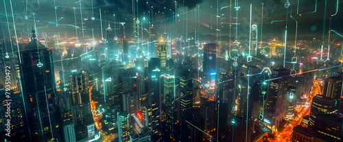 Holographic modern cityscape with digital data lines and night sky background, concept of global network connection technology. artificial, modern, connection, information, artificial, tech, cyberspac