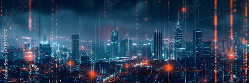 Holographic modern cityscape with digital data lines and night sky background, concept of global network connection technology. artificial, modern, connection, information, artificial, tech, cyberspac