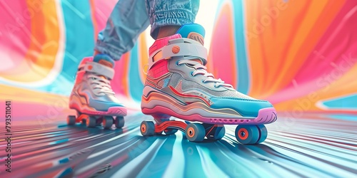 An illustration depicted vivid roller skate shoes over geometric motif 3d abstract vivid backdrop and space, Generative AI. photo