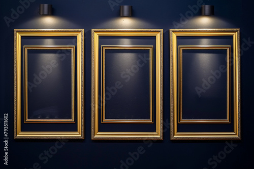 Four empty frames with shiny gold borders on a navy blue wall, each frame illuminated by custom lighting photo