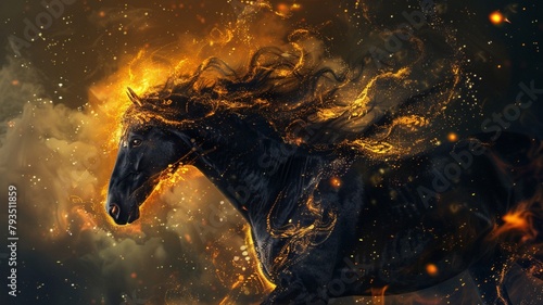 An AI generated illustration of a black horse with golden flames photo
