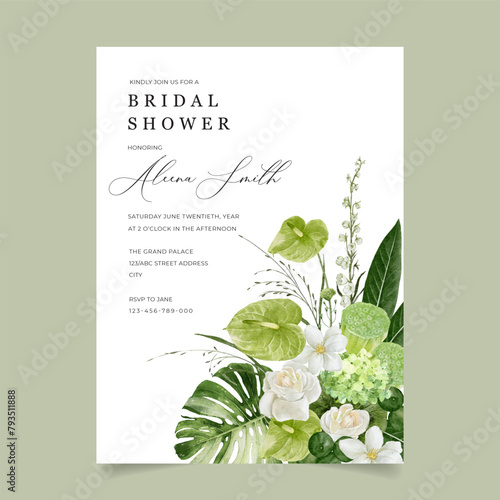 Tropical Greenery Bridal Shower Invitation Card with Beautiful Anthurium Flower, Lotus Fruits, Rose and Monstera Leaf