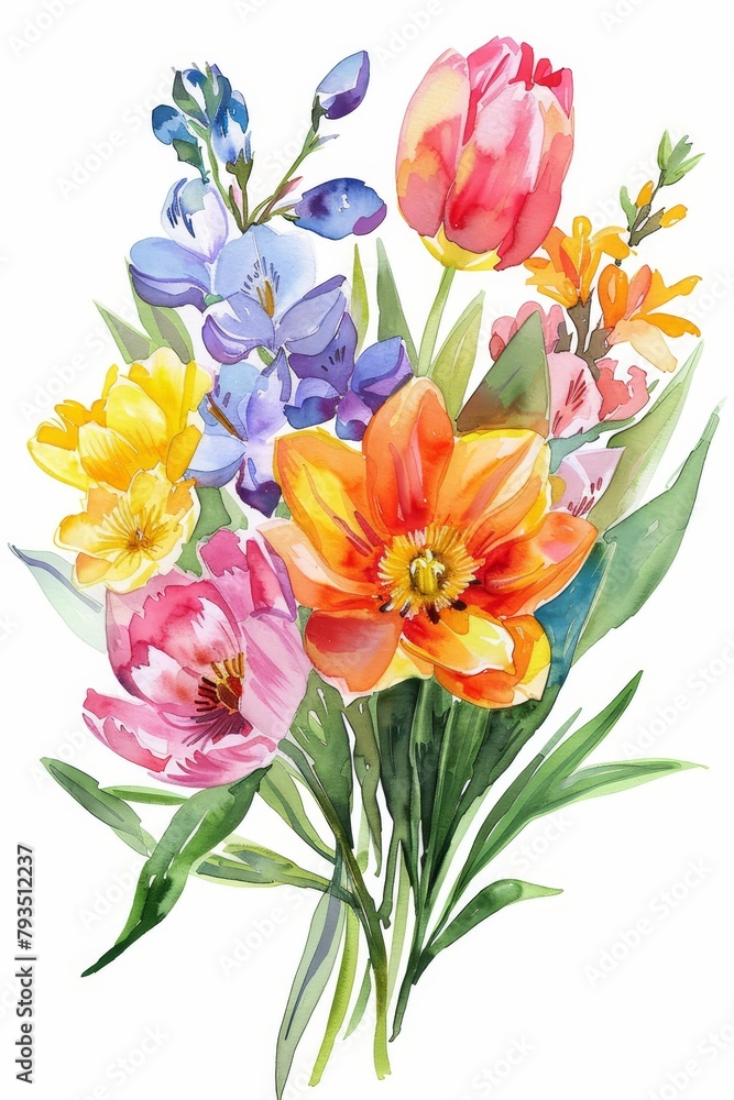 Freshly blossomed spring flowers in watercolor, isolated bouquet Freshly blossomed spring flowers in watercolor, isolated bouquet
