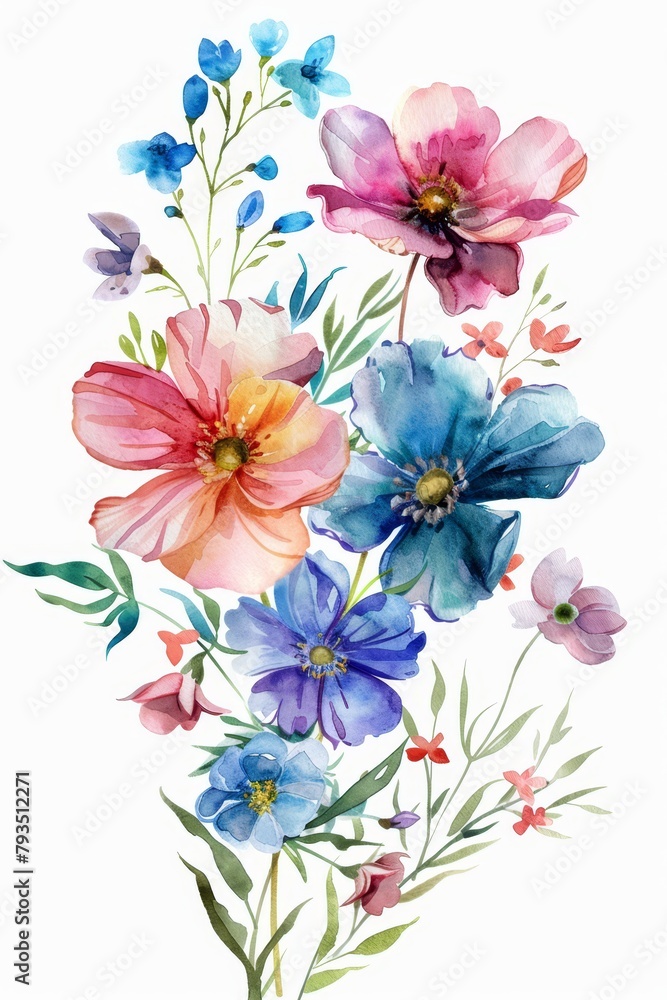 Spring floral bunch, vivid watercolors, isolated clipart on white --ar 2:3 Job ID: 0b2fb129-d4c7-4b2b-a34d-be6c340fbeed