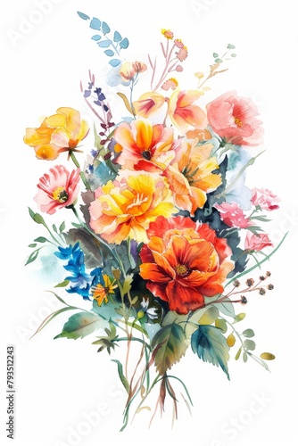 Vivid spring flowers in lush watercolors, isolated bouquet on white --ar 2:3 Job ID: 197d3aec-2571-406d-9567-1168f7aae2a2