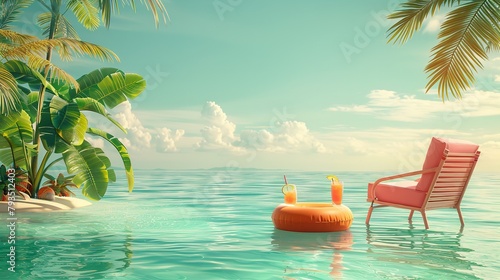 The notion of a summer beach encompassing a vivid ring  floating along with a armchair  and a cocktail glass over a pale  green backdrop and space  Generative AI.