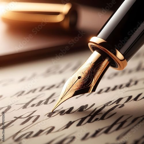 A premium fountain pen with metal golden nib over a paper sheet with written calligraphic letters photo