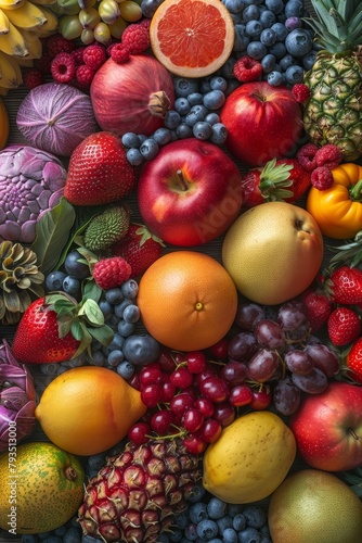 A vibrant display of fresh fruits showcases detailed textures, tropical colors, and ripe appeal