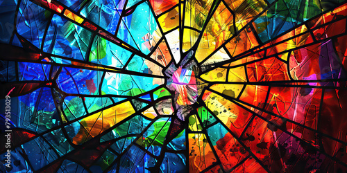 The Shattered Stained Glass Window and Renewed Faith - Visualize a shattered stained glass window being repaired, illustrating the idea of renewed faith after experiencing destruction photo