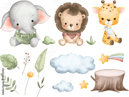 Canvas Print Watercolor Illustration Set of Cute Safari Animals and Nature Elements