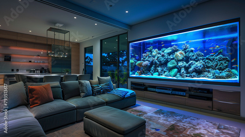 Open concept living room with an ultra-modern aquarium as the focal point, integrated seamlessly into the wall, providing a tranquil backdrop. photo