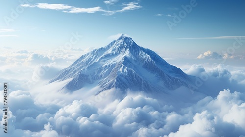 Snow-capped mountain summit rising majestically above clouds, against a backdrop of an intense blue sky The image highlights the pristine beauty of the snow, AI Generative photo