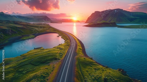 Aerial panorama of scenic road in Iceland, stunning nature landscape at sunset, mountains and coast, digital art style, AI Generative