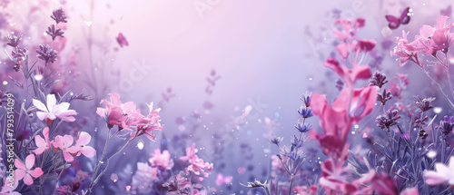 Butterfly and floral border, lively summer sales banner, pastel pink and lavender, elegant ad space