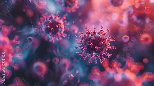 Close-up macro of red-blue microbes, virus bacteria molecules, COVID-19 outbreak concept, AI Generative © sorapop