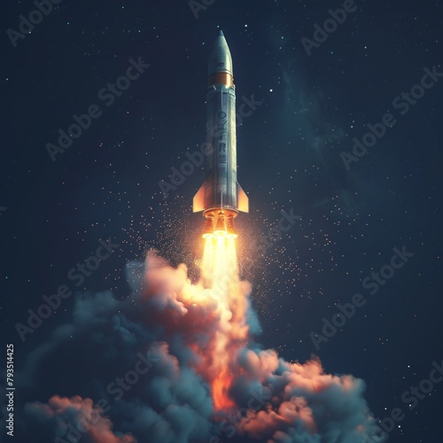 Craft a 3D render illustration of a powerful rocket igniting and launching into the cosmos, set against a deep dark blue background. The rocket's ascent should embody the explosiv, AI Generative