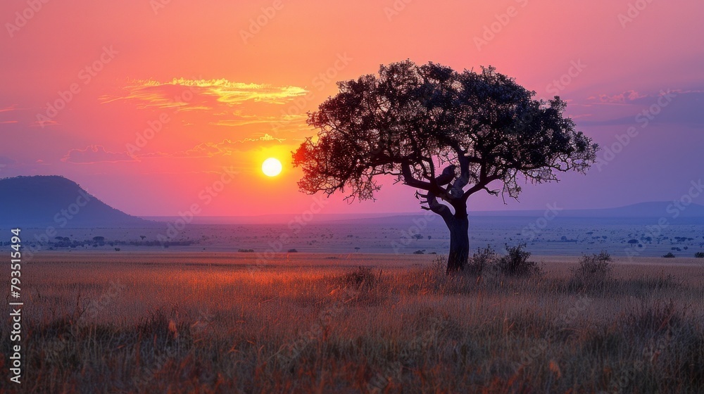 Sunrise over Serengeti, glowing horizon line, wildlife awakening, untouched landscape, AI Generative - obrazy, fototapety, plakaty 