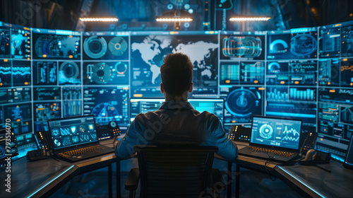 A man with his back to the camera faces a large number of screens displaying numbers and graphs. Fits in with themes related to business, and technology. Can be used as blog, postcard, advertisment.
