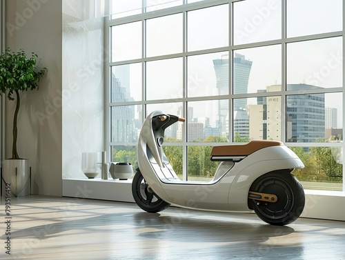 Conceptualize a compact, transformable electric scooterbike hybrid with the ability to switch seamlessly between upright and crouched riding positions Showcase it in a modern, openconcept showroom wit photo