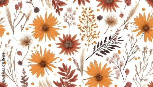 Seamless pattern with dry flowers and grass isolated on white. Hand-painted watercolor