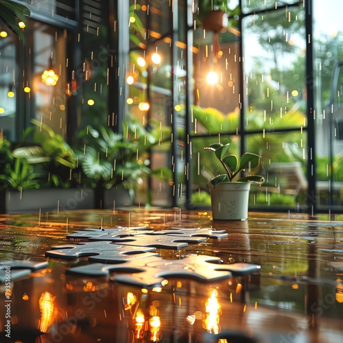 A modern office backdrop with jigsaw puzzle rain falling outside, visual metaphor for assembling ideas and strategies in the business world