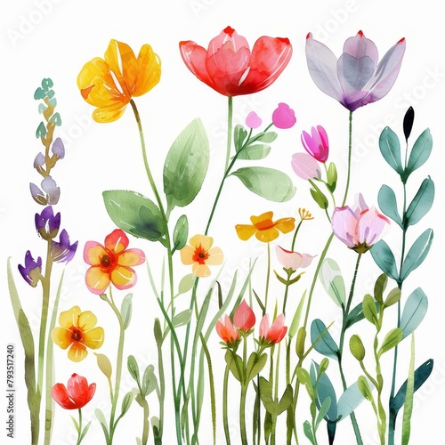Bright and fresh spring flowers in watercolor style, isolated on white --ar 1:1 Job ID: b152fae9-a9cf-4b12-b3b6-4737d936d0ec © FoxGrafy