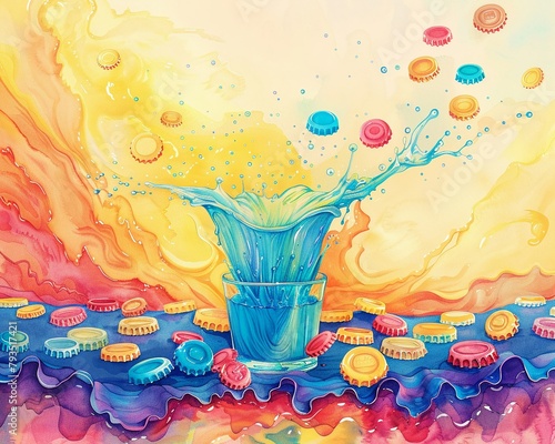 A digital storm of neon bottle caps portrays a calamitous event with vibrant intensity photo