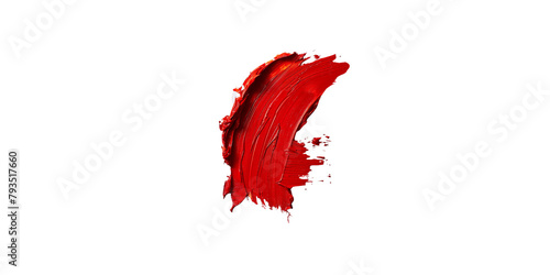  A lipstick with a red color, placed on top of smudged crimson paint in a centered composition against a white background