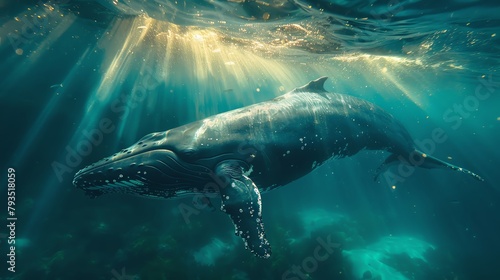 Majestic whale glowing beneath the ocean surface, clear waters illuminated by sunbeams filtering through from above, creating a serene underwater ballet